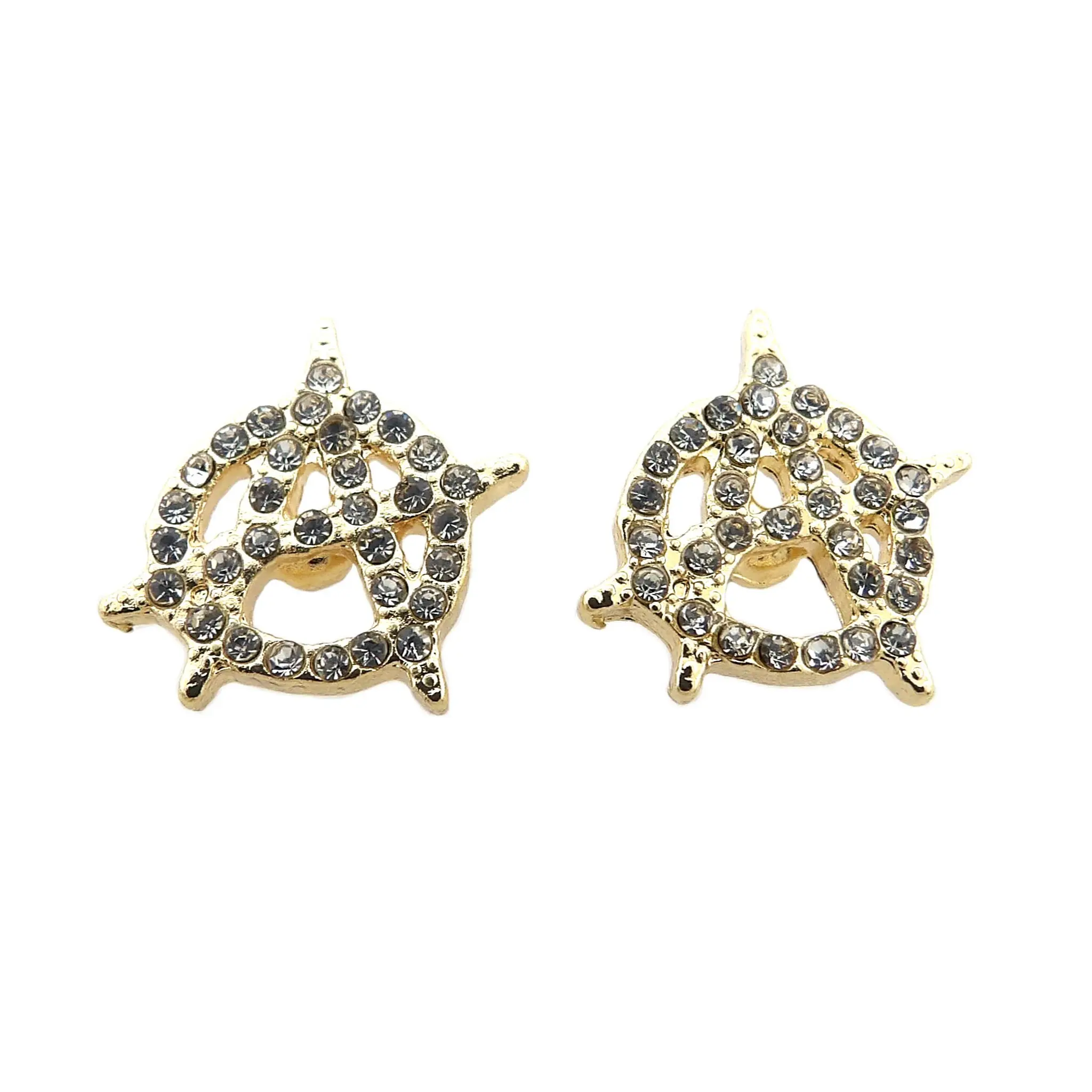 BA UNIQUE FASHION Stone Filled Anarchy Symbol A Stud Earring Bold Rebellious Unisex Style Surgical Steel Post Gold Tone