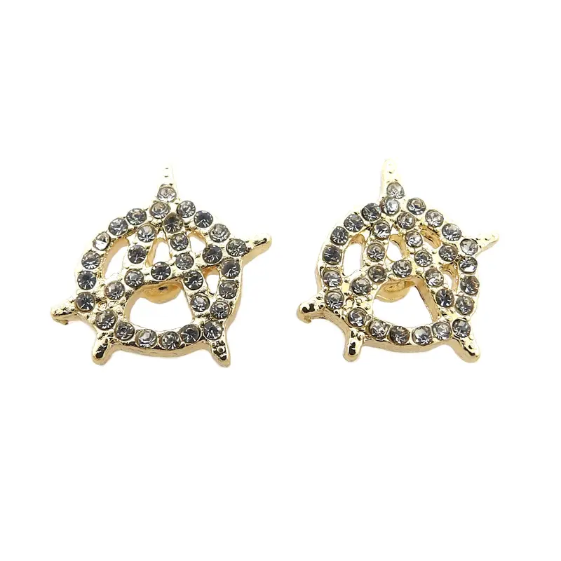 BA UNIQUE FASHION Stone Filled Anarchy Symbol A Stud Earring Bold Rebellious Unisex Style Surgical Steel Post Gold Tone