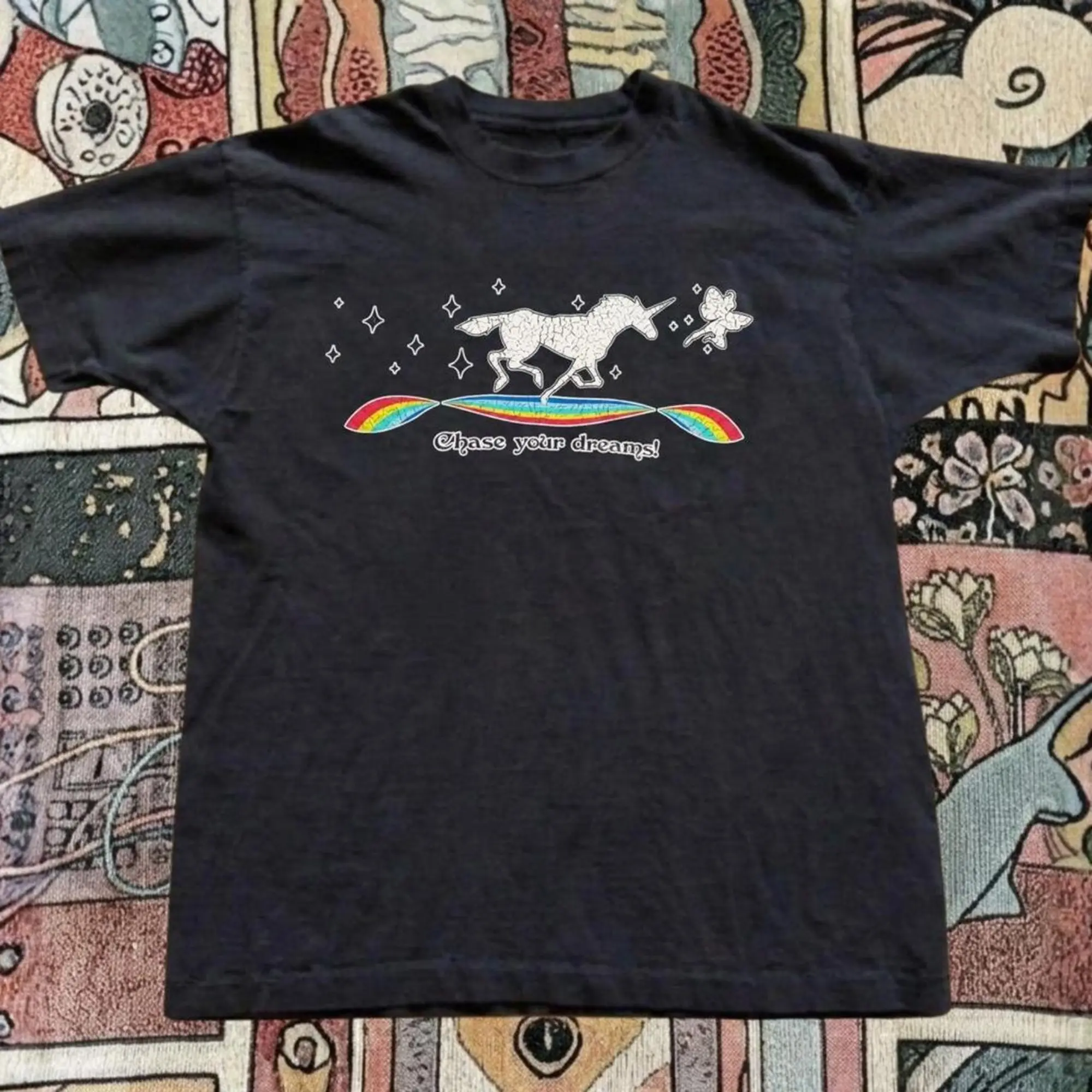 Gildan Men's And Women's T-Shirt, Vintage  Fairy Unicorn Graphic Tee With Rainbow And Blink T-shirt, Animal T-Shirt, Unisex Vintage Graphic Tees Gothic Grunge Y2K Emo Scene Amity Affliction Style Clothes Men Women Streetwear Summer