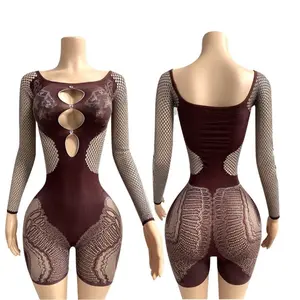 Teddy Babydoll Bodysuit with Long Sleeves and Cut-Out Design in Rich Maroon Color