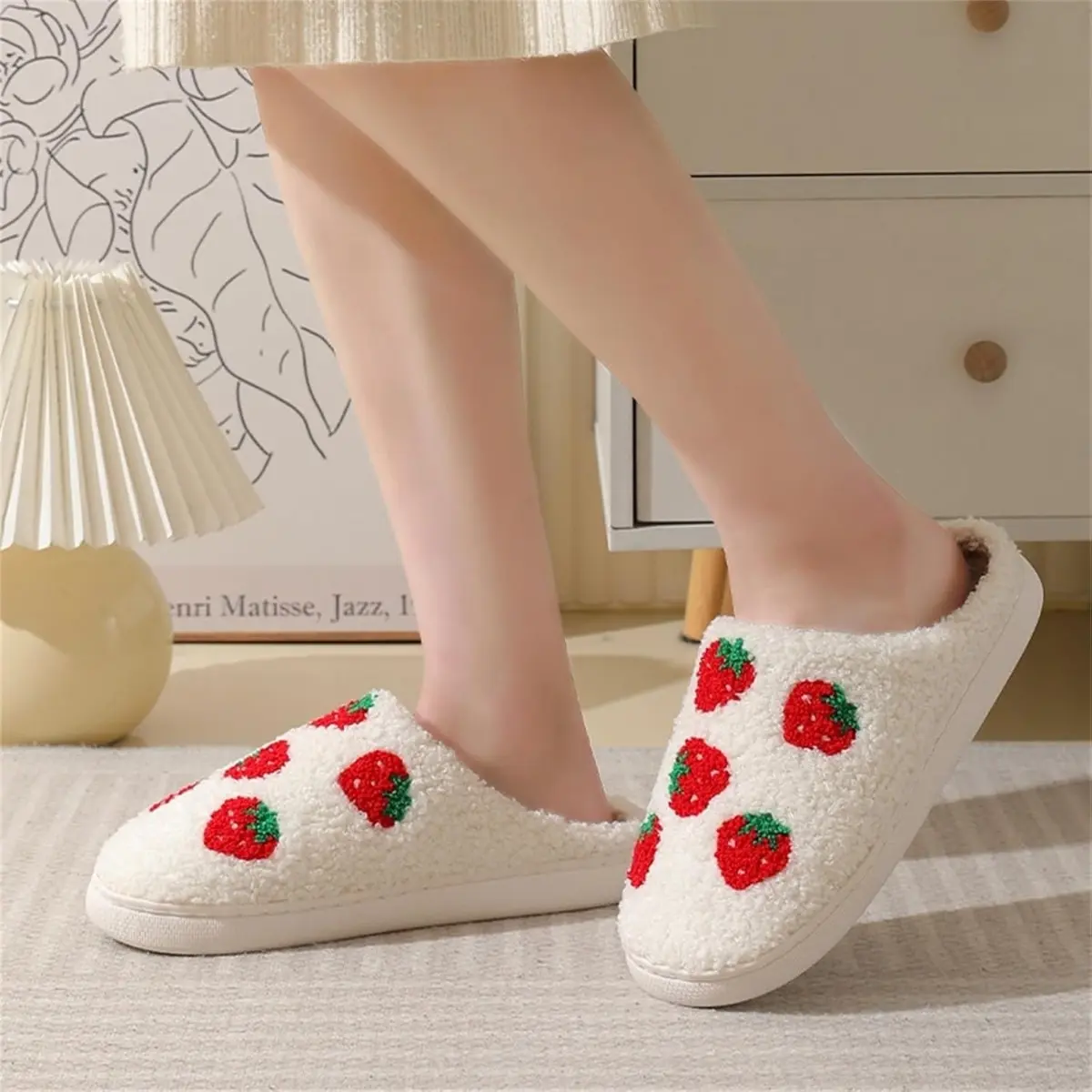 Sweet Strawberry Design Womens Plush Slippers Cozy Non Slip Gripper Sole Soft Warm House Shoes for Indoor Use