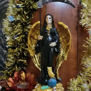 Santa Muerte Pregnant Statue Black Holy Death With Glitter Wings 13" Embrazada