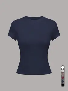 2026 Cozy Casual Slim Fit Crop Tee, Sexy Crew Neck, Spring Loungewear, Solid Color, Fitted Style, No Zipper, Non-Full Placket