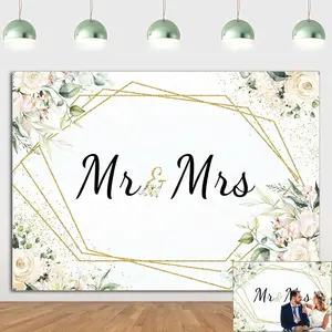 Mr & Mrs White Floral Bridal Shower Backdrop Mr Mrs Wedding Theme Photo Backgrounds 7x5ft Wedding Bride to Be Engagement Photography Backdrops Prom Party Banner Decor Party Banner Photo Booth Prop