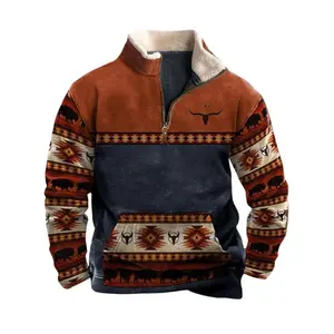 Vintage Aztec Sweatshirt Brown Aztec Pullover 1/4 Zip Stand Collar Long Sleeve with Pocket - Large Casual Fleece Menswear Athletic Cotton Jacket