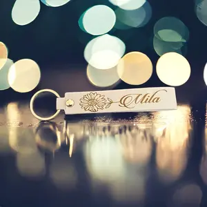 Birth Flower Name Keychain off white color engraved with your name Personalized gift for her Birthday Anniversary valentines day PU leather