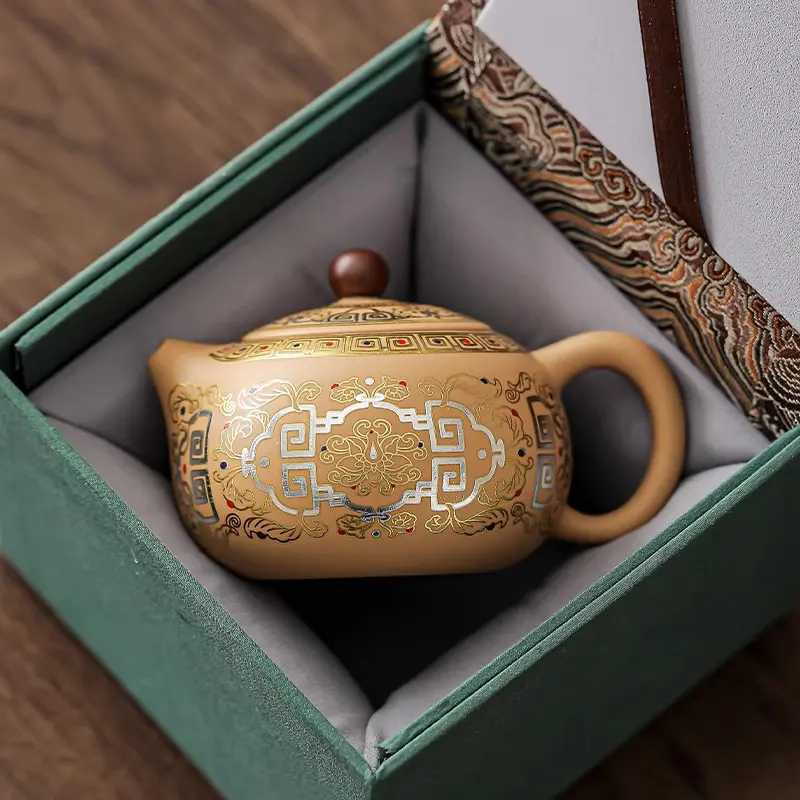 Handcrafted Purple Clay-Golden Clay Fengming Xishi Single Pot, High-Grade Dunhuang Kung Fu Tea Ceramic Teapot with Gift Set Packaging
