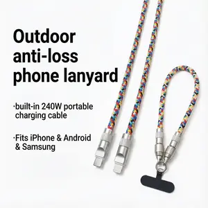2-in-1 Cable Rechargeable Phone Lanyard 240W Fast Charging USB-C Stylish Rainbow Nylon Braided Design with Built-in Type C to Type C Wear as Wrist Crossbody Neck Strap Cellphone Smartphone Electronic Charger