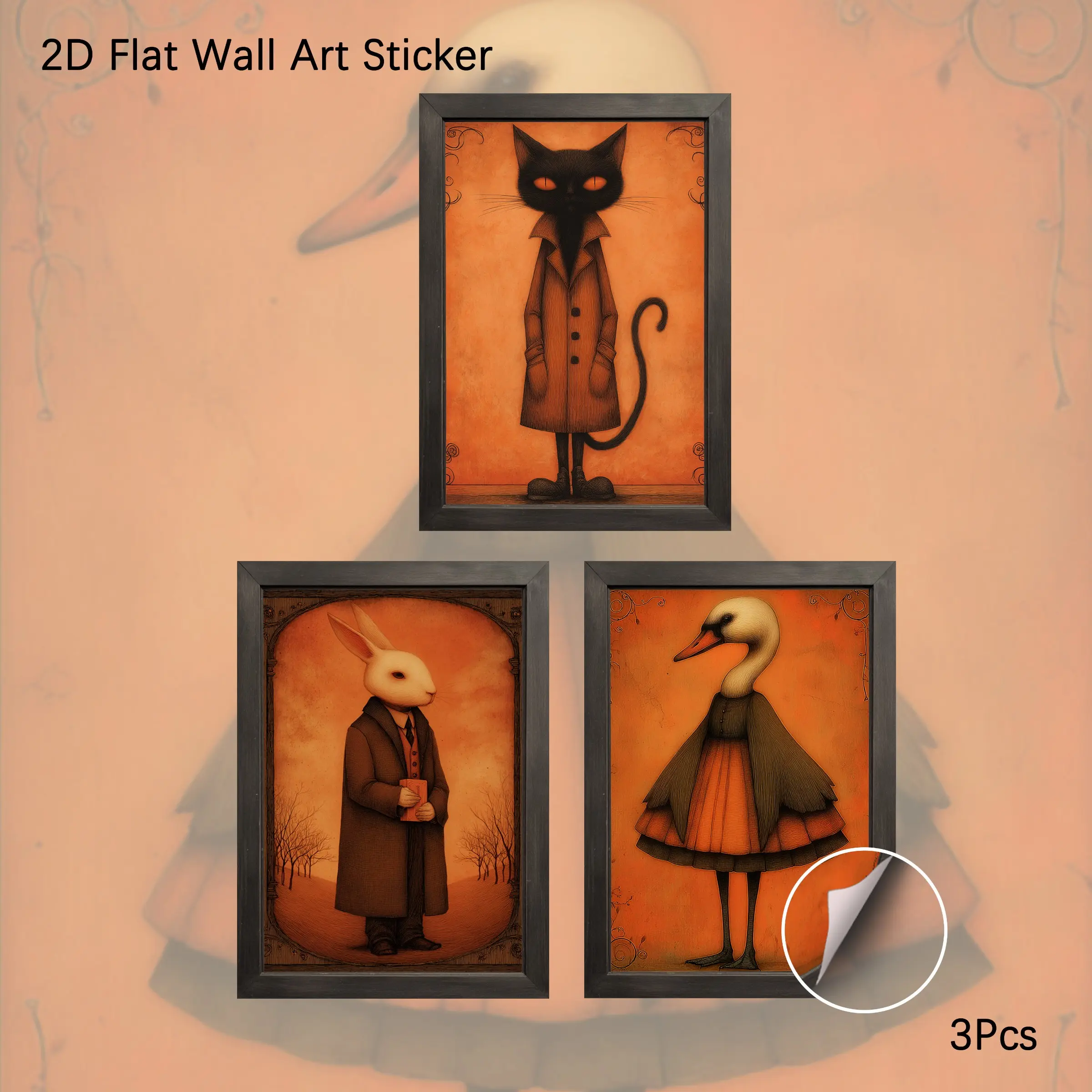 2D Flat Wall Art, 3Pcs PVC Self-Adhesive Framed Wallpaper Sticker, Whimsical Anthropomorphic Cat, Rabbit & Swan in Vintage Attire Wall Decals, Spooky Orange Tone Halloween Decor for Living Room, Bedroom, Ideal for Gothic Art Lovers & Whimsical Fans