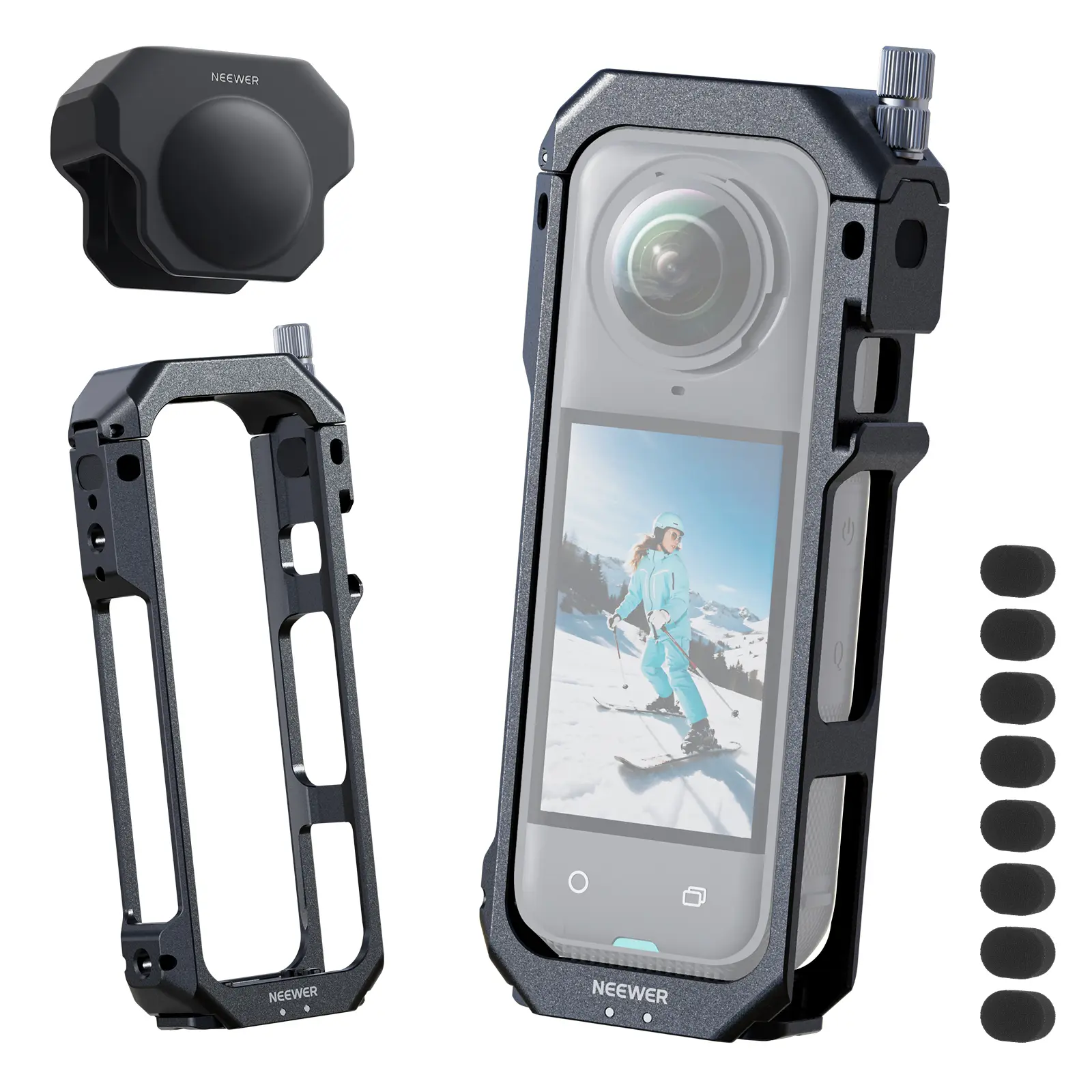 NEEWER Aluminum Alloy X5 Cage for Insta360 X5 Action Camera, Protective Video Rig Frame with Quick Release, Mount Adapter, 1/4" Threads, Lens Cap, Camera Accessories
