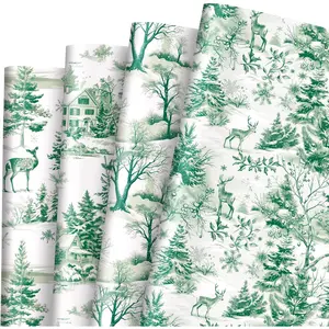 8 Sheet Green Christmas Wrapping Paper -Not Roll-  Wrap Paper Folded Flat Watercolor Woodland Craft Paper for Xmas Winter Holiday, 19.7 x 27.6 Inch