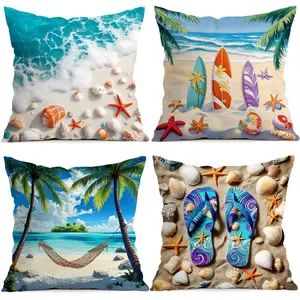 4pcs Summer Beach Pattern Cushion Covers, Single Side Print, Suitable for Living Room Bedroom, All Season Home Decor, No Pillow Insert