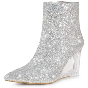 Perphy Women's Sparkly Glitter Pointy Toe Clear Wedge Heels Ankle Booties 8 Silver