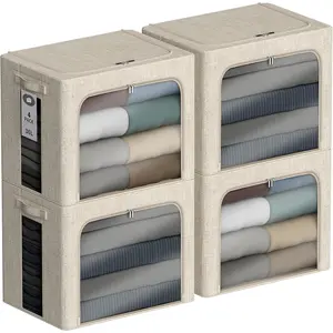 4 Pack Clothes Storage Bins with Metal Frame - 36L Stackable Storage Box with Lid,Foldable Storage Container Organizer for Clothes,Linen Fabric Storage Box with Clear Window&Zippers&Handles