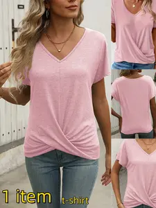 Elegant V-Neck Short Sleeve T-Shirt for Women, Spring Summer Fashion, Available in Dark