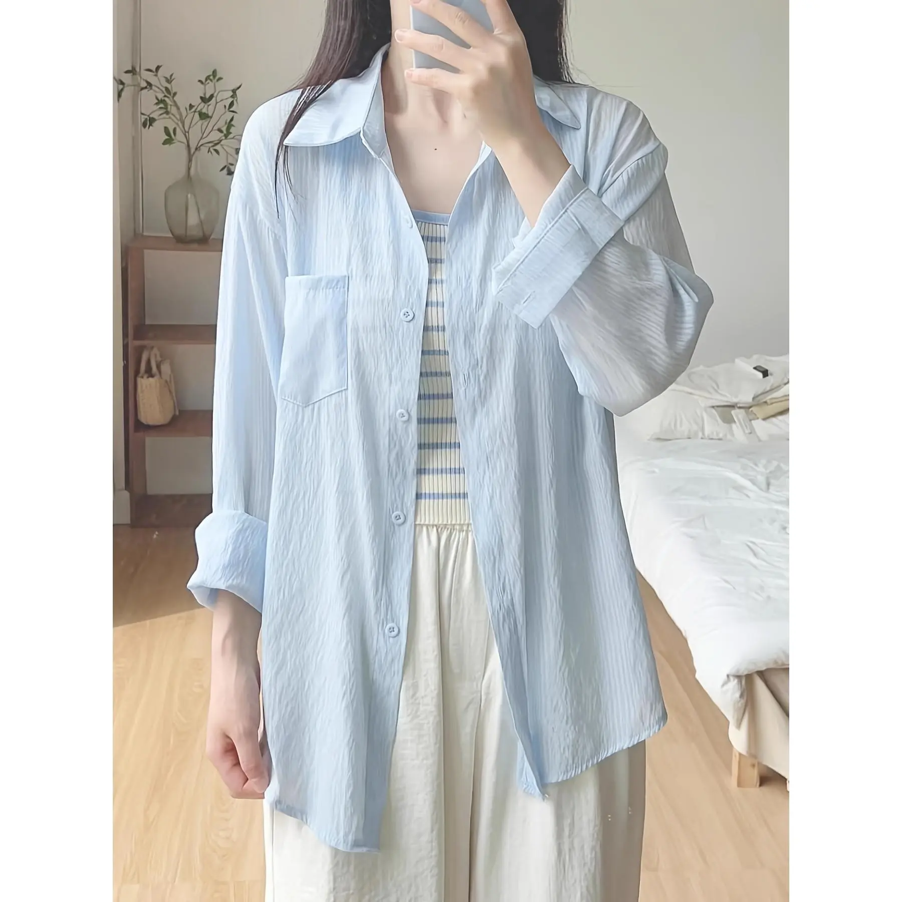 Women's Plain Light Blue Long-Sleeve Semi-Sheer Chiffon Lapel Patch Pocket Blouse - Pocketed Shirt, Breathable Polyester Shirting, Adult Sun Protection Casual Button-Up, All Seasons Vacation Wear (Do Not Dry Clean)