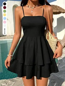 Women's Summer Daily French Vacation Style Square Neck Tie Back Mini Cami Dress Home Work Outdoor City Regular Trend Casual Elegant Youth Simple Versatile Texture Temperament Literary Art