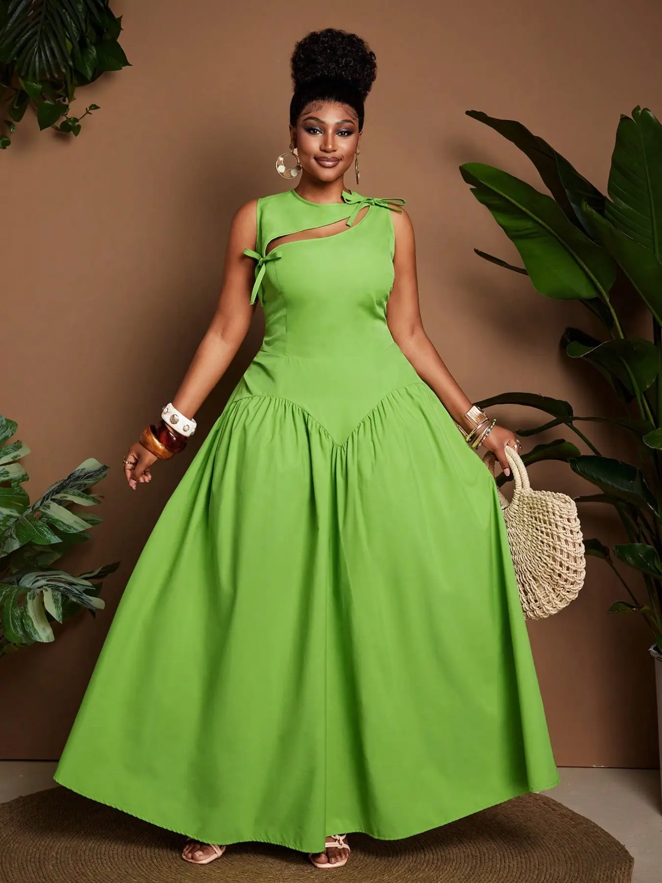 Plus Size Bright Sleeveless Hollow Out Bow Waist Long Dress, Perfect for Curvy Bodies, Beach Party, Date Night, Summer Events