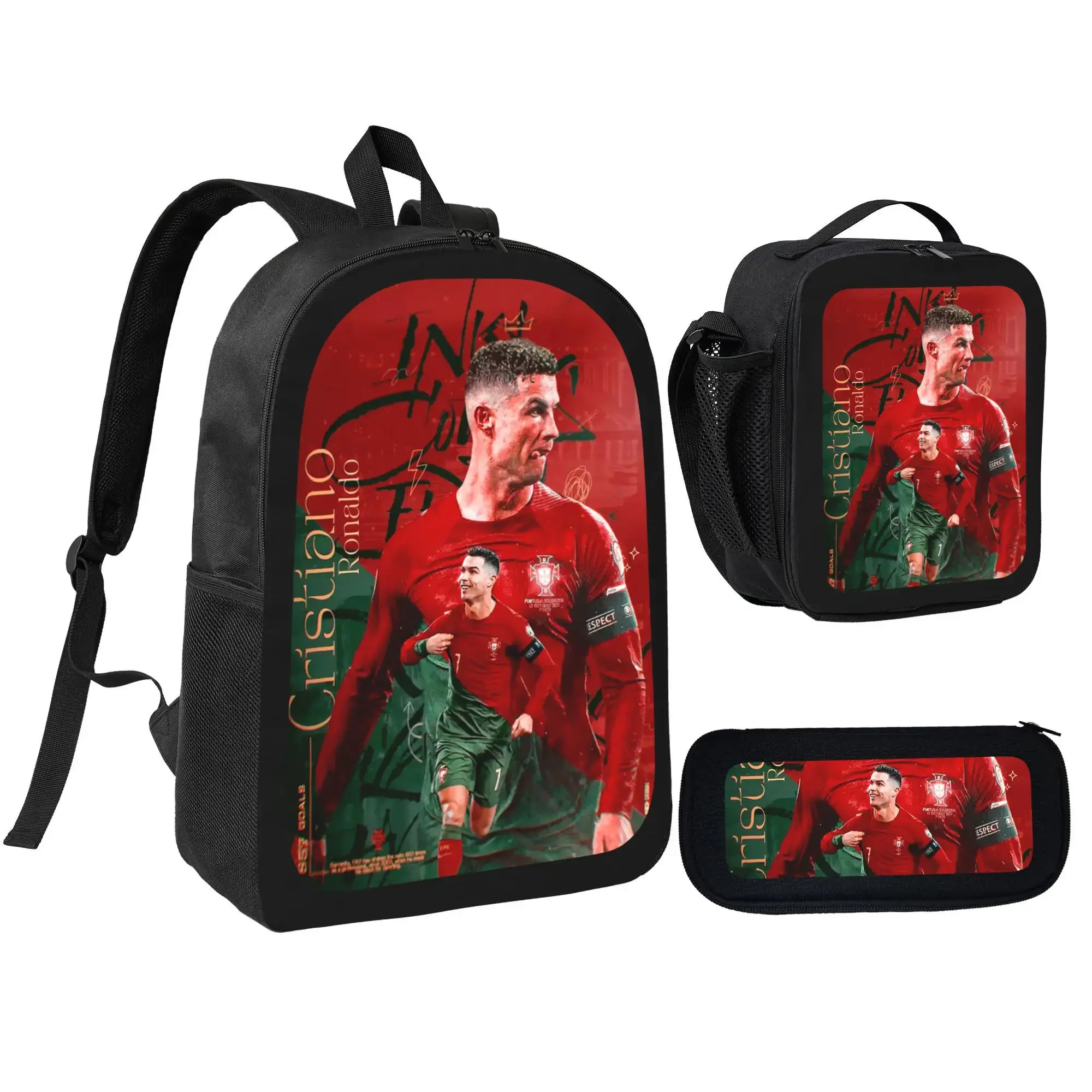 CR7 Football Fan 3-in-1 Backpack Set - Durable Printed Backpack for School, Insulated Lunch Carrier, Adjustable Lightweight Pencil Pouch for Youth Students Sports & Outdoor Gifts