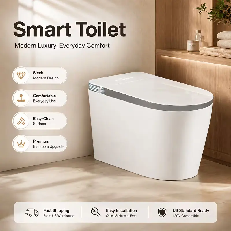 A luxury smart toilet designed for high-end bathrooms, featuring a bidet function, heated seat, automatic lid opening and flushing, foot-sensor control, warm air drying, an LED display, a nightlight, a feminine wash function, and a powerful flush pump.