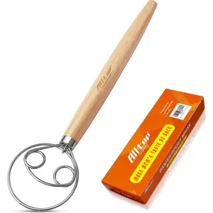 Danish Dough Whisk -  Dutch Mixer Hand Utensil with Stainless Steel Dough Hook - Essential Sourdough Stirring Stick for  Bread Making Tool