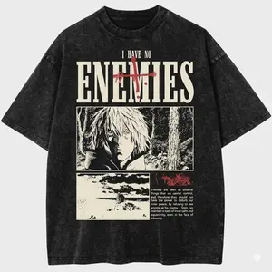Men's Vintage Washed Vinland Saga Thorfinn Graphic T-Shirt, Aesthetic Ribbed Garment, Oversized Unisex Seamless Apparel, Grunge Streetwear Distressed Acid Wash Black Short Sleeve Tee