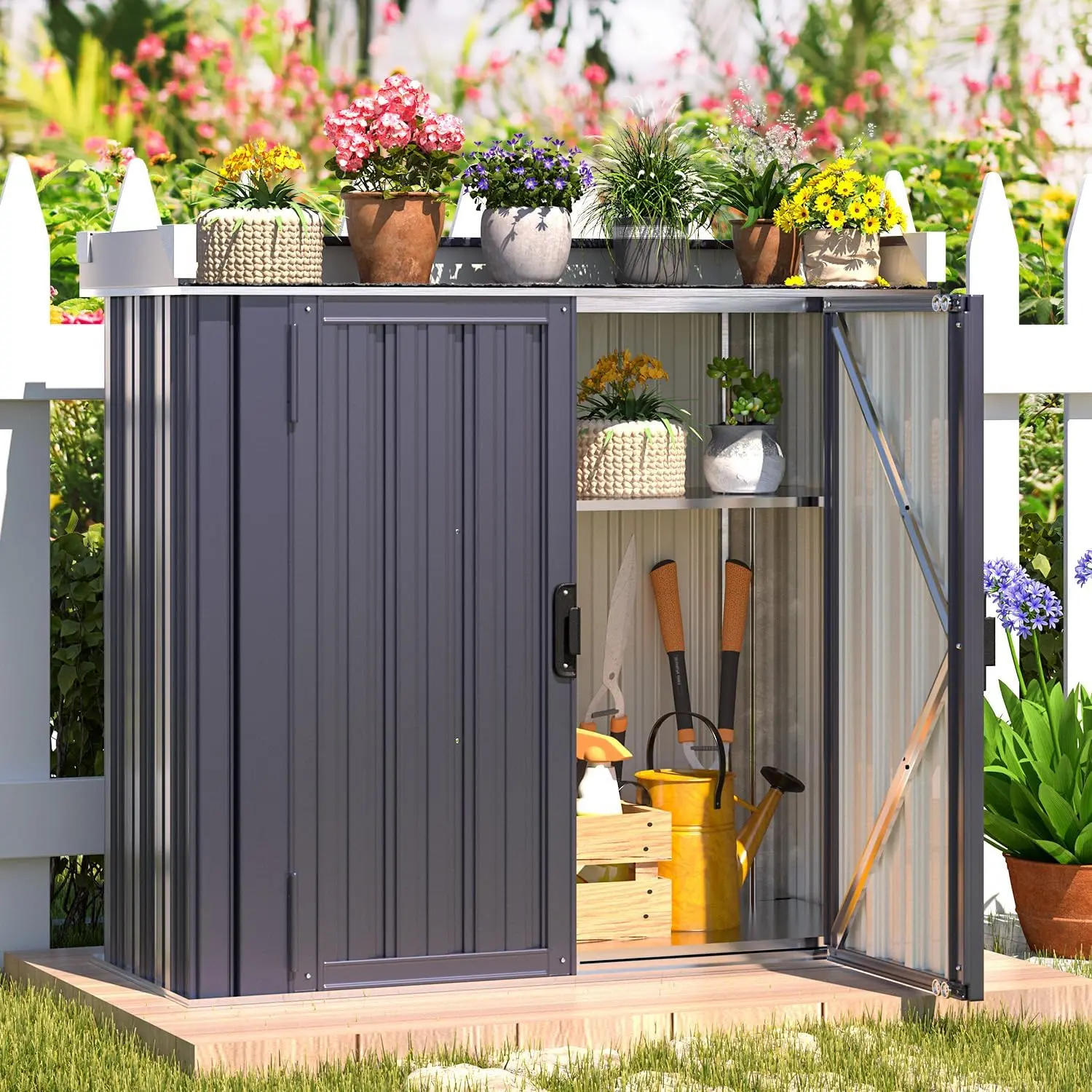 AECOJOY Waterproof Outdoor Storage Cabinet with Adjustable Shelves, Large Space for Gardening Tools, Gray Color, Galvanized Material, Compact Design Organization Organizer Organizing