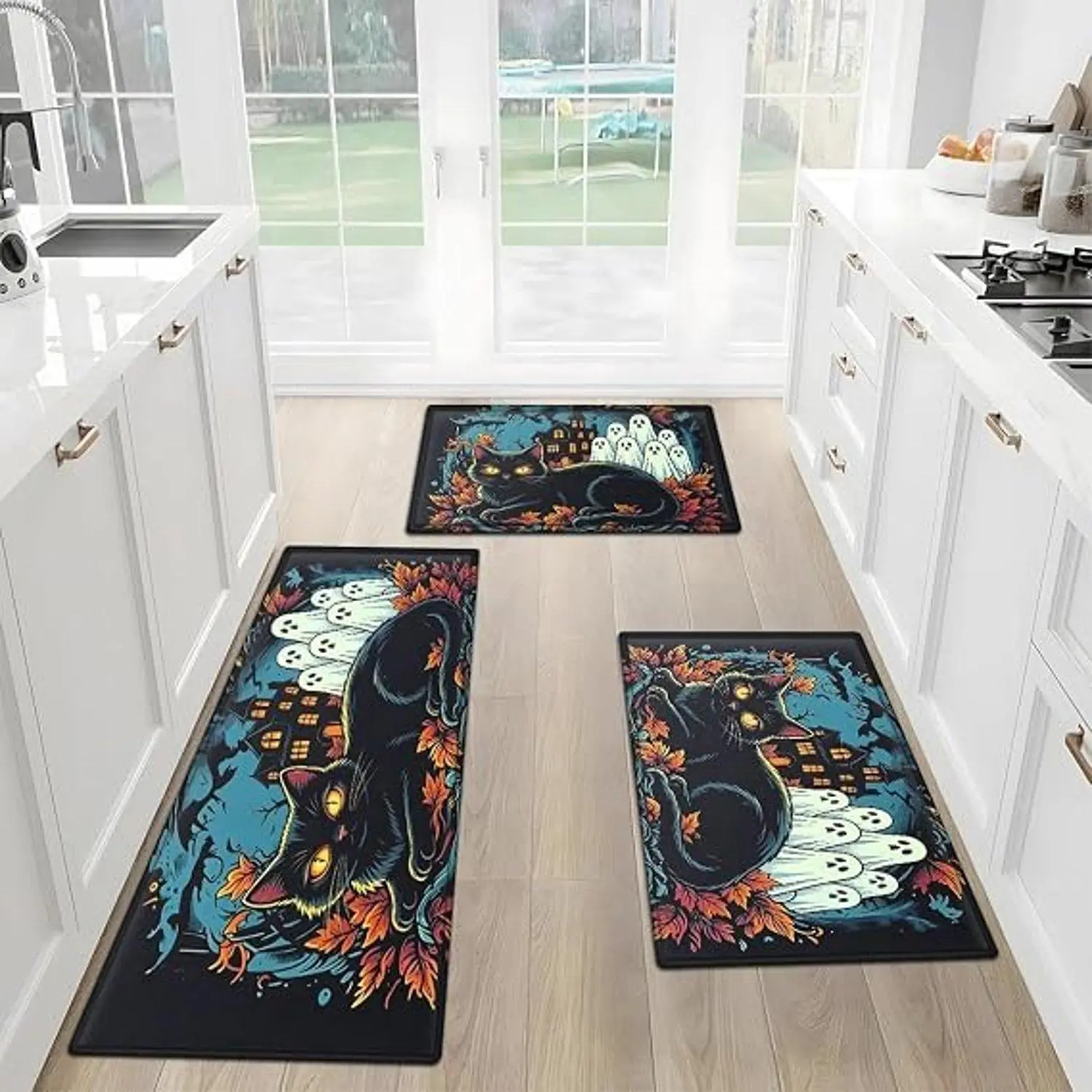 Flannel Kitchen Rug, Halloween Black Cat & Ghost Maple Leaf Haunted House Pattern, Non-Slip Water Absorbent Floor Mat for Home Kitchen Decor