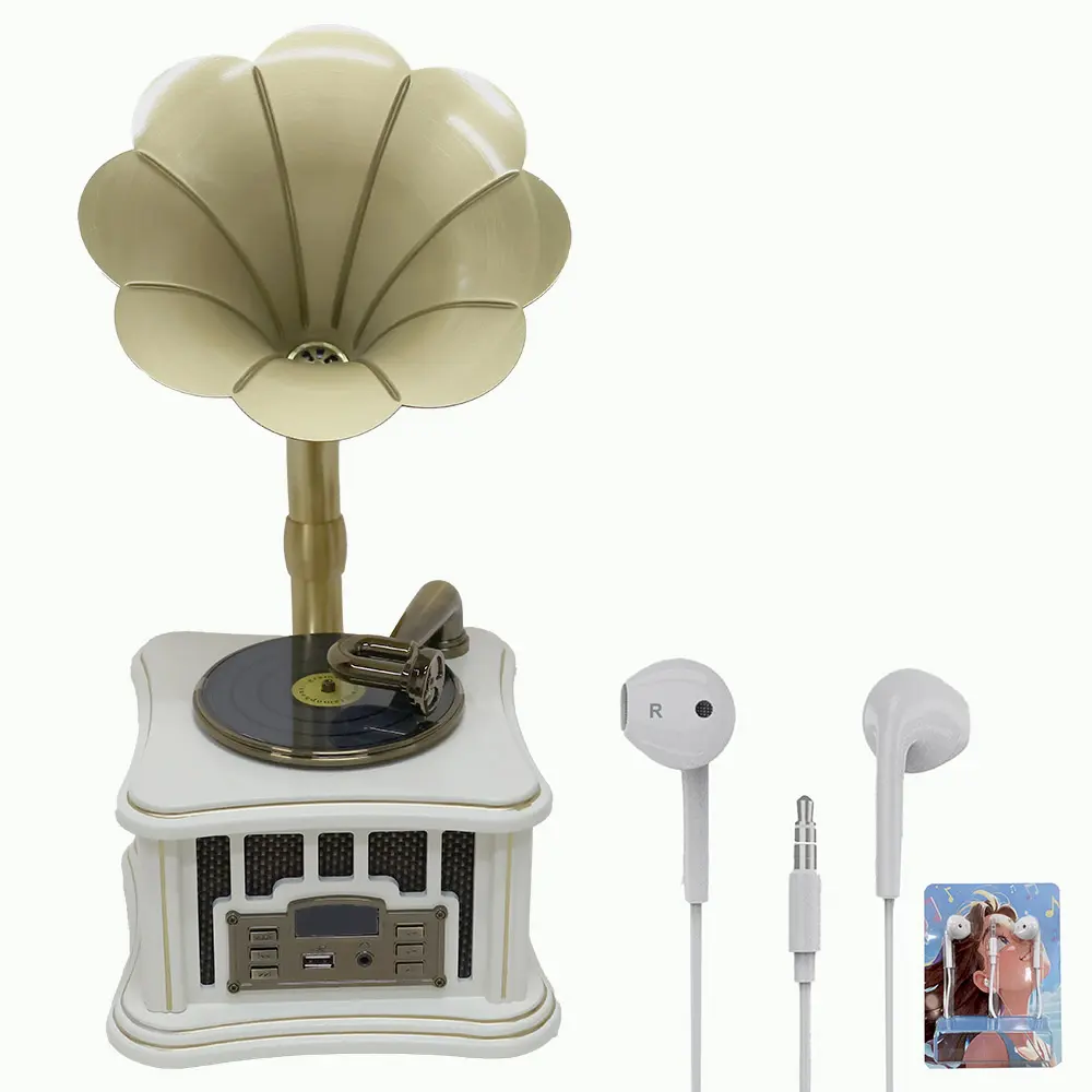 White Vintage Mini Wooden Gramophone-Style Audio Device with 3.5mm Wired Headphones, Stereo Speakers, Earphone Jack, Aux In, USB Connection