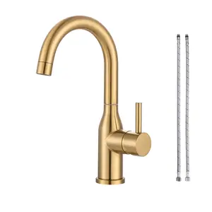 WOWOW Durable Multi-Purpose Brushed Gold Metal Single-Hole Bar Sink Faucet - 1-Handle Drip-Free Small Kitchen Tap, Includes Hoses, RV-Ready for Wet Bar Sinks
