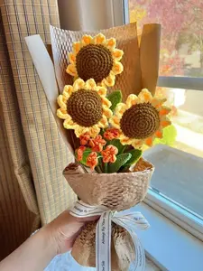 Crochet Flowers Bouquet Handmade Sunflower Home Decor Gift for Mother's Day, Anniversary, Birthday, Girlfriend, Graduation, Birthday Gift - Cotton