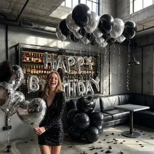 32pcs Birthday Balloon Set, 16inch Silver Happy Birthday Letter Balloons, 18inch Black And Silver Heart-Shaped Aluminum Foil Balloons And Latex Balloons, Suitable For Birthday Party Decoration, Indoor Wall Decoration Banner Celebration