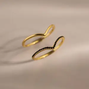 Onyx Chevron Ring Set by Caitlyn Minimalist - Set of 2 Curved Stacking Rings - Dainty 18K Gold Plated Rings - Black Cubic Zirconia Gemstone Ring - Art Deco Jewelry - Gift for Friend