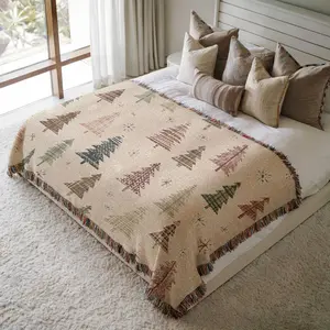 Christmas Tree Woven Blanket, Rustic Holiday Throw with Plaid Pine Trees and Snowflakes, Cozy Winter Bedspread, Xmas Decor Gift 0125