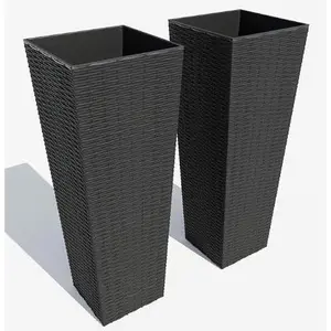 All Weather Wicker Planters for Outdoor Plants Set of 2, Square Rattan Flower Pots, 24/32 Inch Tall Planter with Drainage Holes for Front Porch, Patio, Balcony