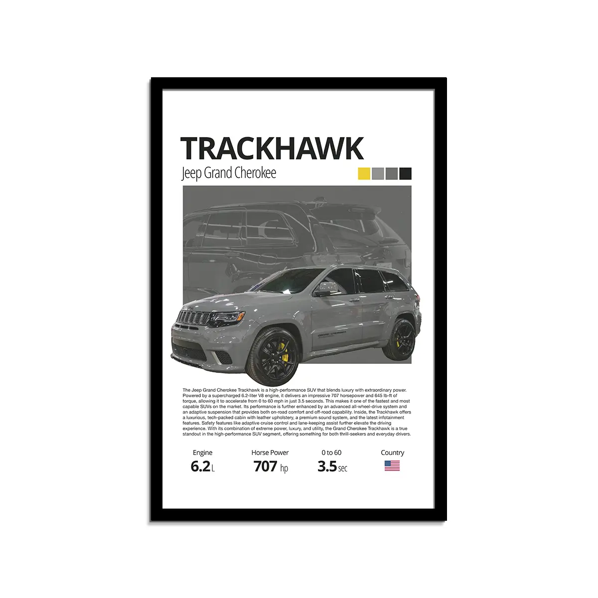 Jeep Grand Cherokee Trackhawk Silk Stylish , Vintage Automotive Decor, Car Enthusiast Wall Art, Gift for Him, Unique Home Decoration