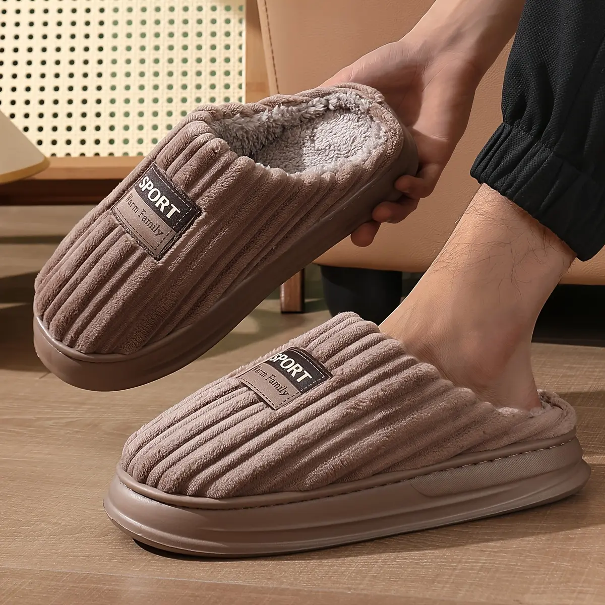 [1 Pair Plus Size Slippers] [1 Pair Men'S Plus Size Slippers] 1 Pair Men'S Plus Size Slippers, Casual Trendy Warm Thick Sole Indoor Shoes, Non-Slip Fabric House Slides with EVA Sole, Round Toe, Solid Color, for Daily and Leisure Use - Fall/Winter Collecti