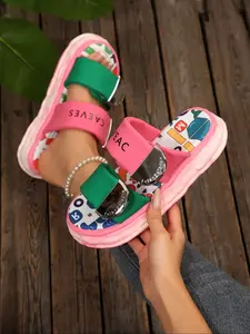 Fashion Graffiti Cute Thick Sole Slip-On Flat Sandals for Women, Summer Outdoor PU Leather Slippers with Velcro Fastening, Contemporary Style, Trendy Casual Slippers