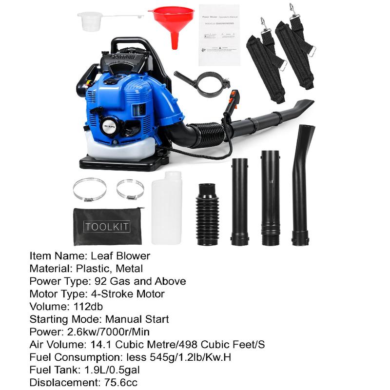 Snow Blower 75.6CC Gas Powered Backpack Leaf Blower 4-Stroke for Lawn Care Yard Dust Debris Blue Ergonomic Design with 1.9L Fuel Tank