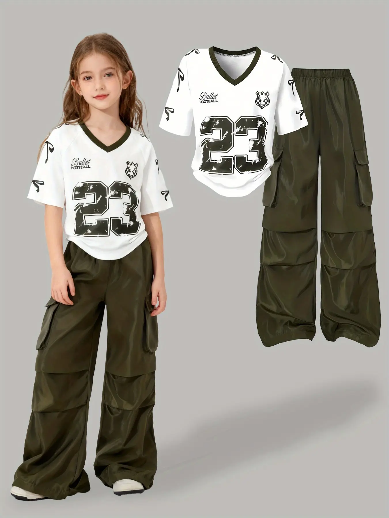 American Street Style V-Neck Short Sleeve T-Shirt and Cargo Pants Pockets Set, Print, Girls' Casual Fashion Clothes, Soft Comfortable Fabric, Ideal for Indoor Outdoor Activities
