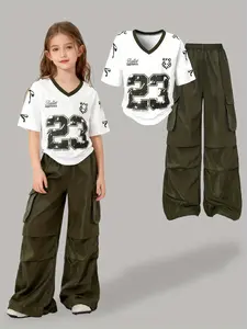 American Street Style V-Neck Short Sleeve T-Shirt and Cargo Pants Pockets Set, Girls' Casual Fashion, Soft Comfortable Fabric, Ideal for Indoor Outdoor Activities