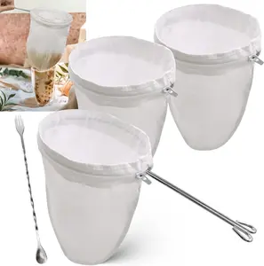 Thai  Filter Stainless Steel - with 2 count Replacement Coffee  Filter Bags+1 Mixing Bar Spoon, 5.4" Large Thai   Strainer with Handle & Zipper,  Coffee Strainer