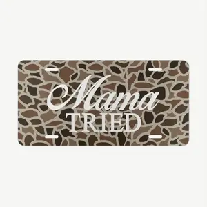 Old School Camo "Mama Tried" Vanity Plate, License Plate, Truck Car Tags, Gifts for Him, Hunting, Aluminum Front License Plate- 6X12- Inch Polished Metal Standard Plate, Easy to Install, Car Trim Accessories, for Decor Only, Made in USA