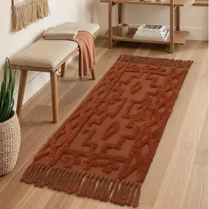 Boho Bathroom Rug 2' x 4.3', Washable Woven Cotton Bedroom Runner, Terracotta Aesthetic Tufted Entryway Rug, Bohemian Tribal Throw Bedside Living Room Laundry stone  bath