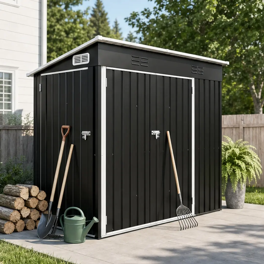 ARCH 4x8 FT Galvanized Steel Outdoor Storage Shed - 3-Door Access, 3.58x7.41 ft (42.91w x 88.98d x 71.26h in), Ventilated Weatherproof Metal Utility Shed for Garden Tools, Bikes, Backyard Organizer, Black, Anchor Spikes, Assembly Required
