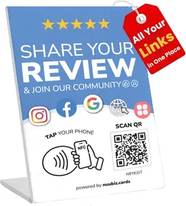 Review Stand Compatible with Google & Social Media QR Code Sign – Works Like a Review Tap Card – Multi-Business NFC & QR Code Stand Display– Link Reviews, Instagram, Facebook, Website & More – No App/Fees