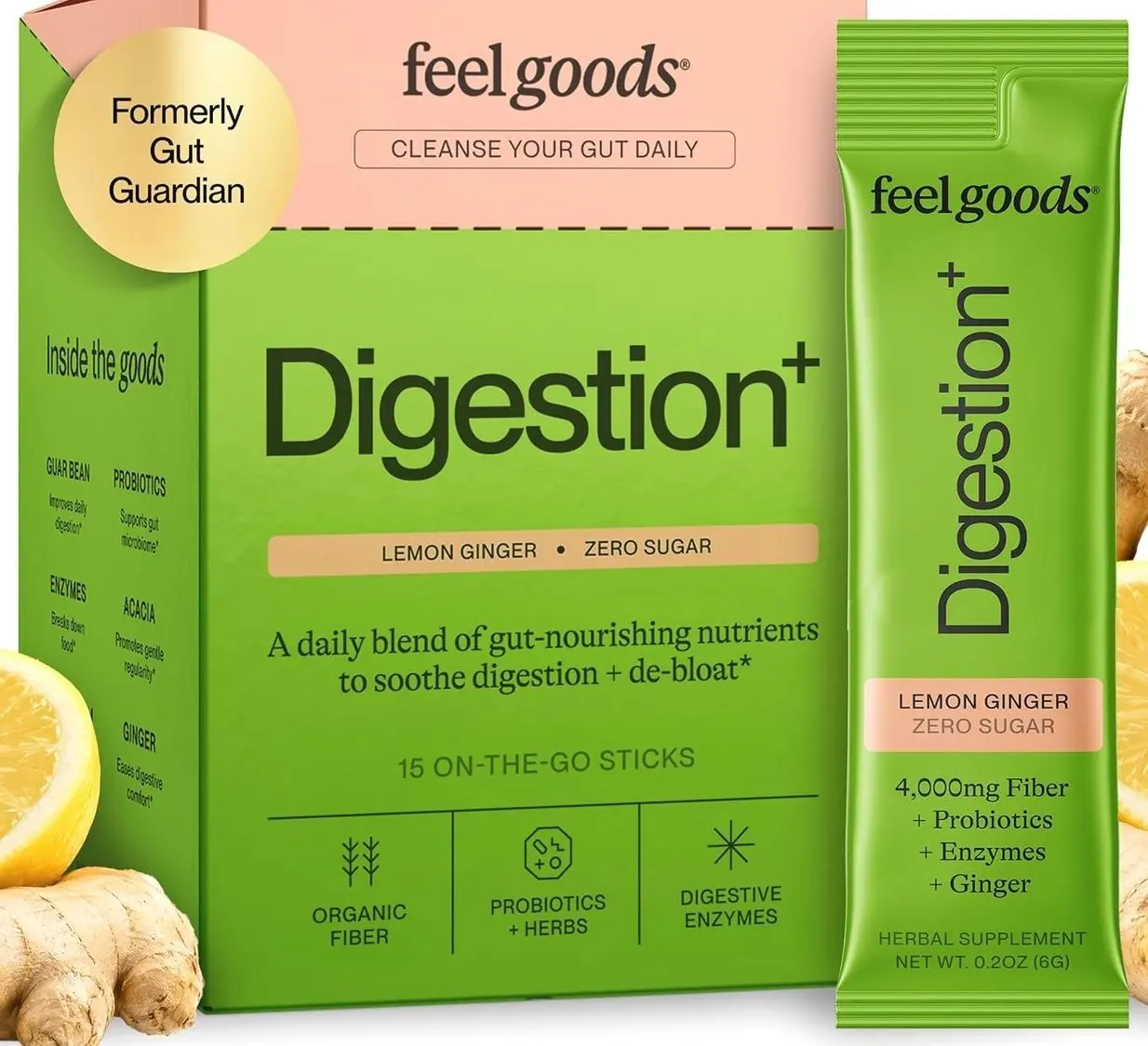 Feel Goods Gut Guardian, Digestive Health Powder Drink Mix - Probiotic Fiber Powder with Prebiotics & L Glutamine for Gut Health, Bloating Relief & Digestion Support - Zero Sugar & Organic Flavor