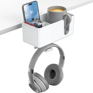 4-in-1 Desk Organizer - Under Desk Cup Holder and Headphone Hanger with 2 Wire Holes - Rotating Hanger and Detachable Storage for Cup, Phone and Pen (White)