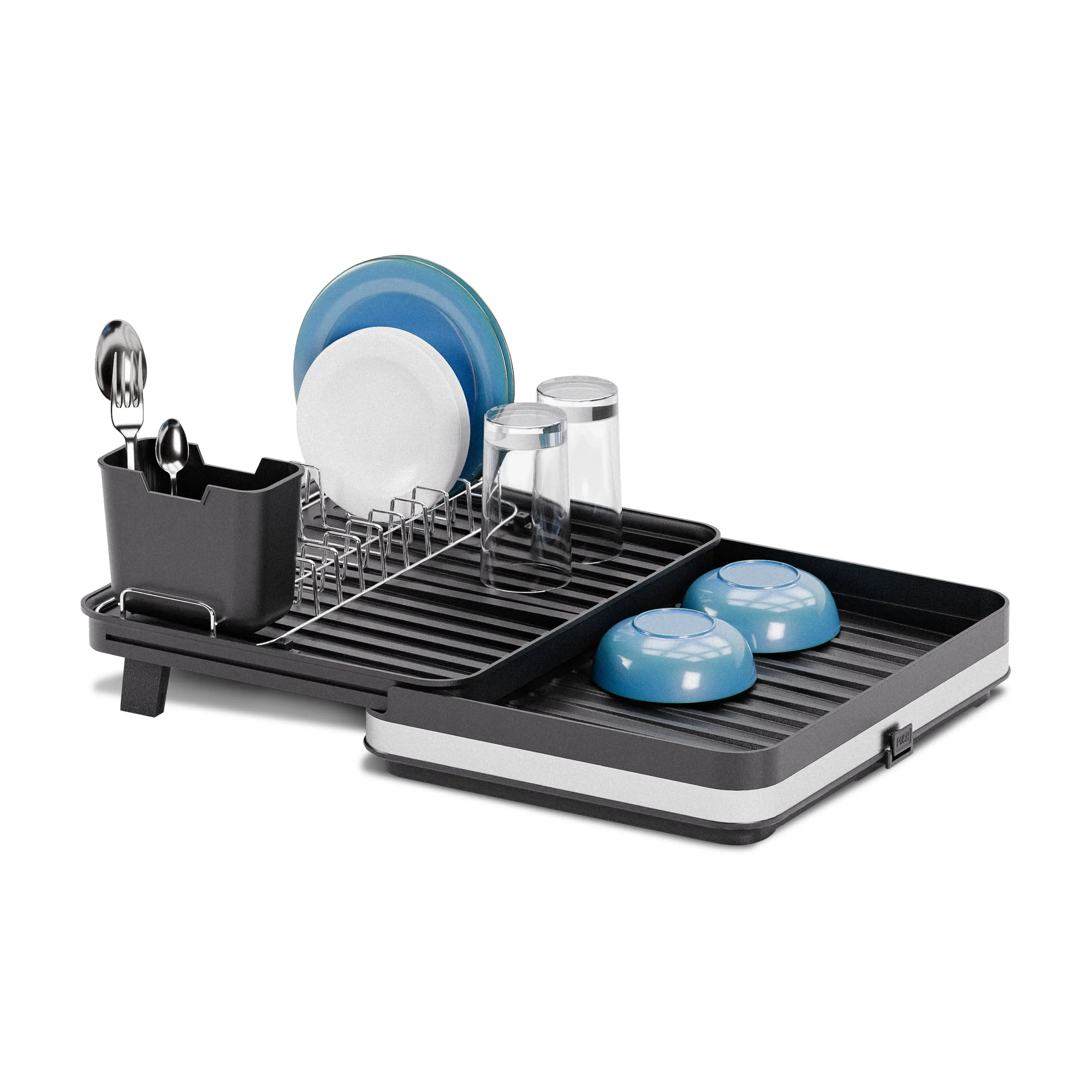 Home Zone Living Collapsible Rectangle Dish Drying Rack - Multi-Function Organiser with Push-Drain, Utensil Caddy, Adjustable Tray, Removable Draining Boards, Medium