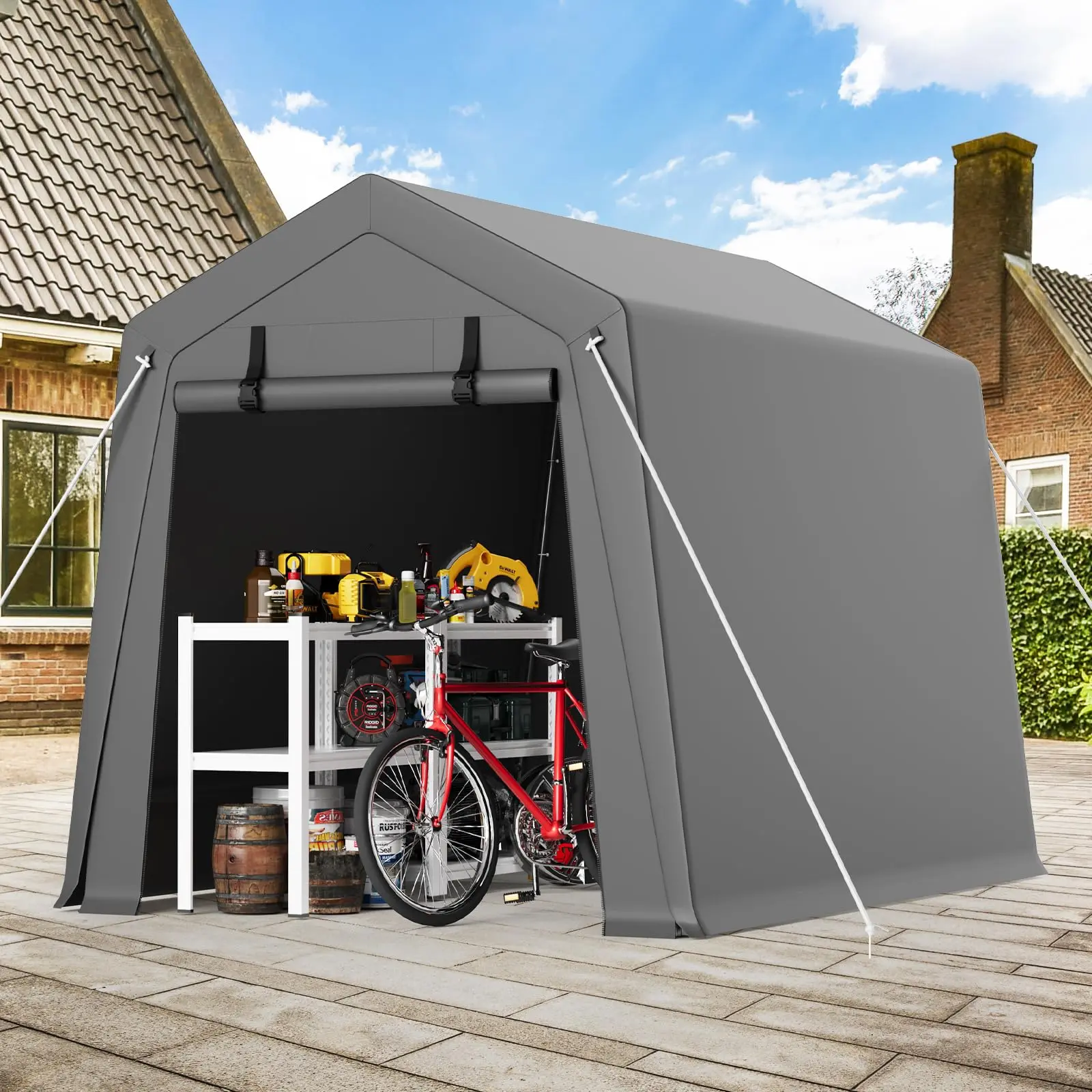 GARVEE 6'x6' Outdoor Portable Garage, Waterproof & UV-Resistant Storage Shed with 2 Roll-Up Doors, Carport Tent for Motorcycle, Bike, and Tools, Gray